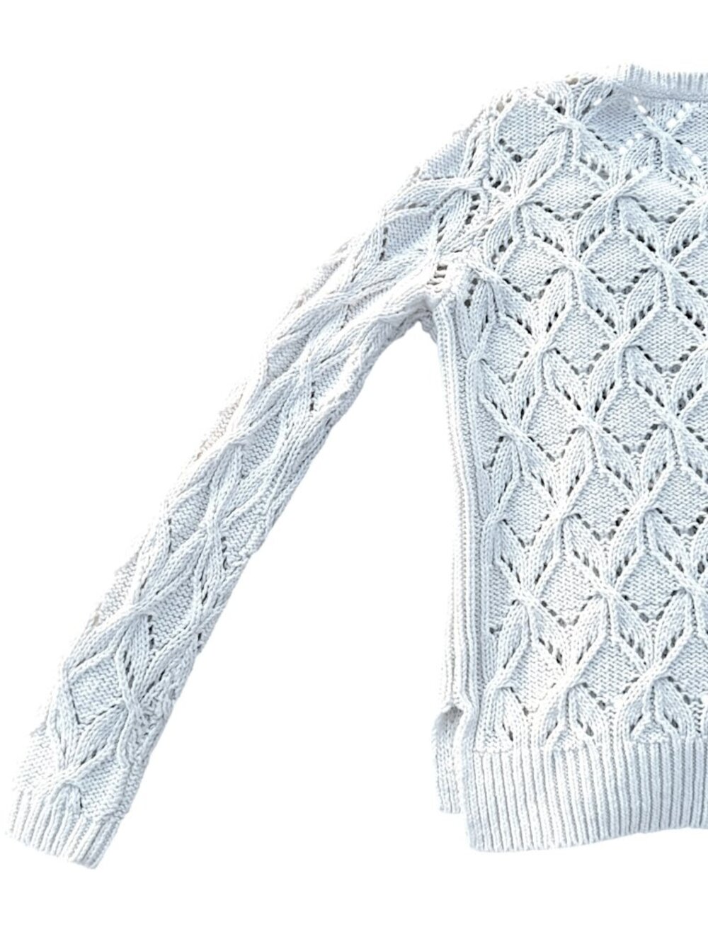 LOFT Cream Cable Knit Openwork Pointelle Sweater Off White Crew Neck - Picture 15 of 16